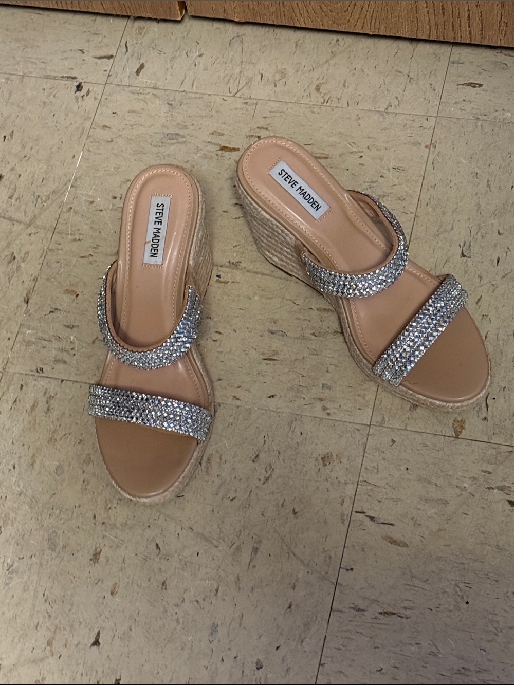 Steve Madden Beige Espadrille Wedge Sandals with Crystal Straps